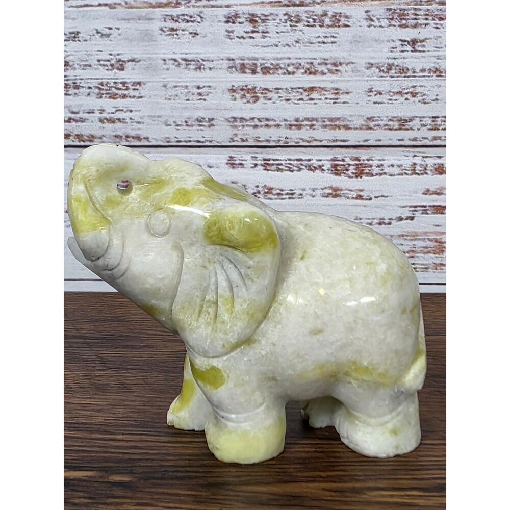 Hand Carved Onyx Marble Elephant Figurine Green White Stone Vintage Decor